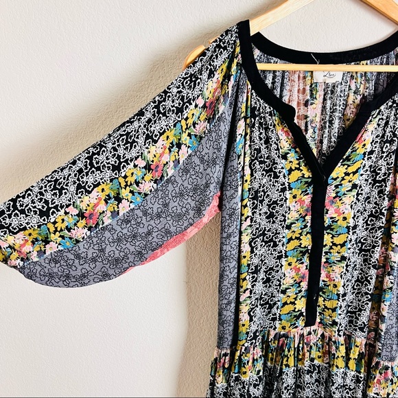 Mixed Media Multicolored Floral Cold Shoulder Cut Out Shoulder Swing Mini Dress - Picture 8 of 12